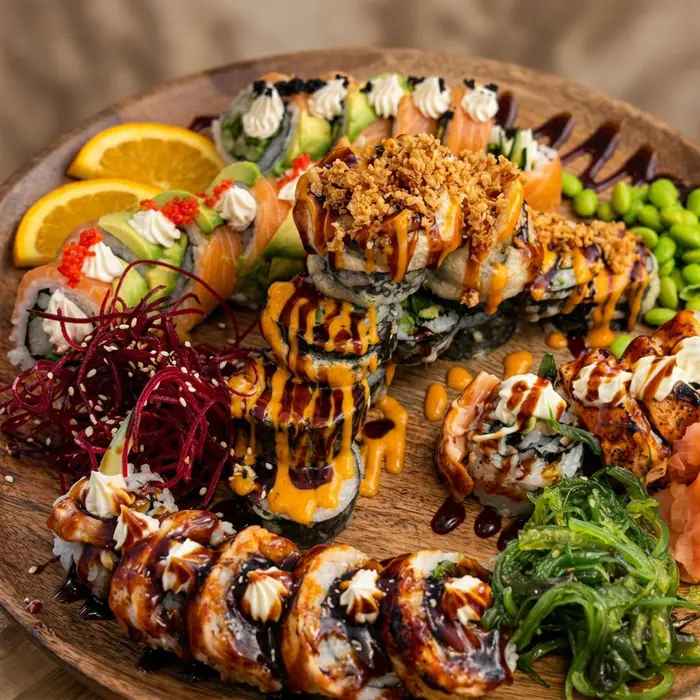 Stor sushibricka med friterade rolls, lax, edamame och wakame från Khaan Sushi Falköping