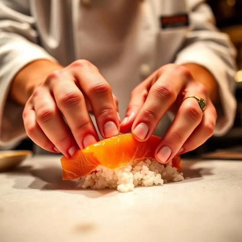 Sushikock formar laxnigiri för hand i köket hos Khaan Sushi i Falköping